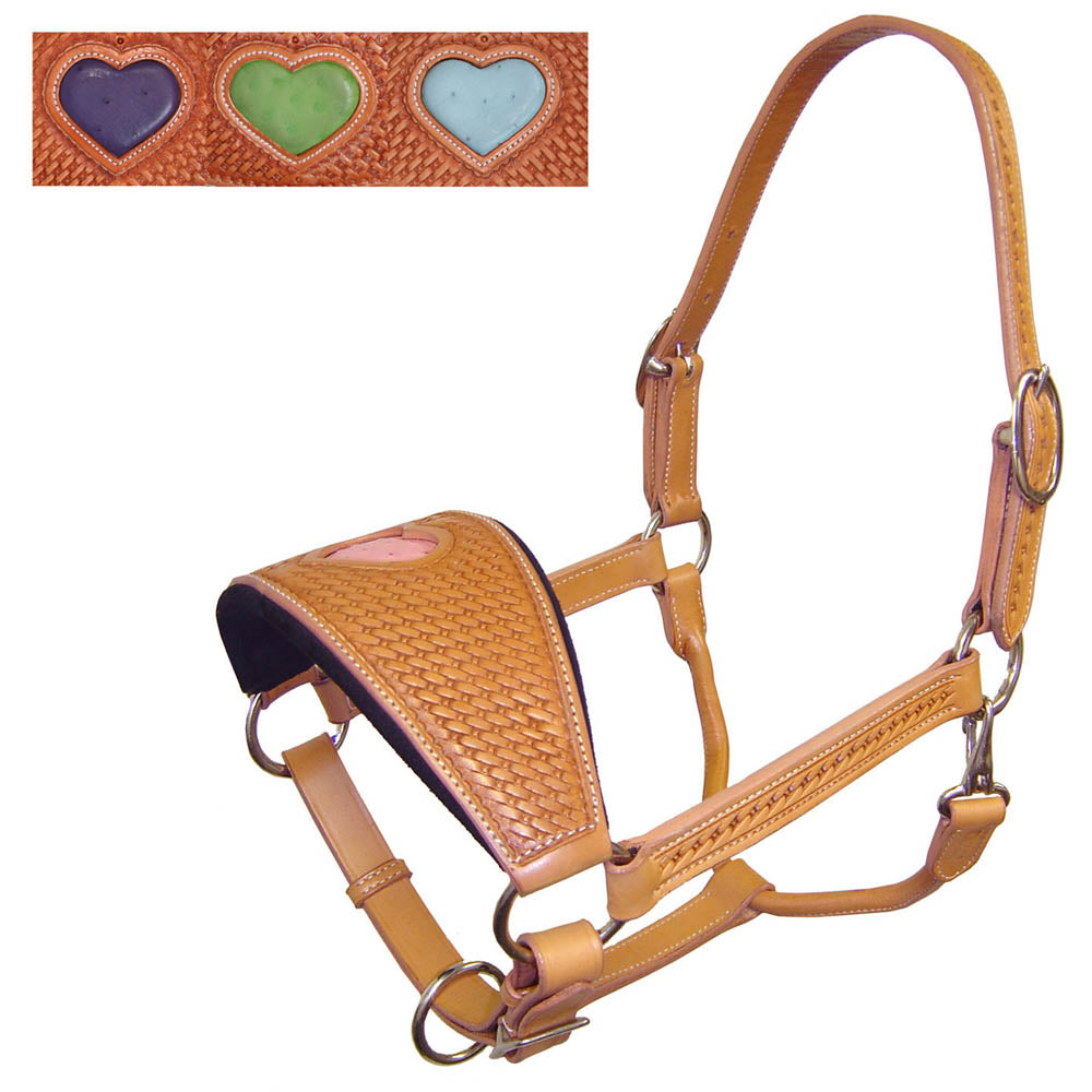 Tahoe Tack Basket Weave USA Leather Heart Inlay Bronc Halter -Four Fun Colors