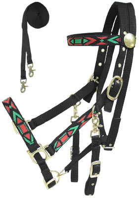 Derby Padded Nylon Halter Bridle Combo with Reins Aztec Design Black