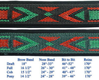 Derby Padded Nylon Halter Bridle Combo with Reins Aztec Design Mutli Size Chart